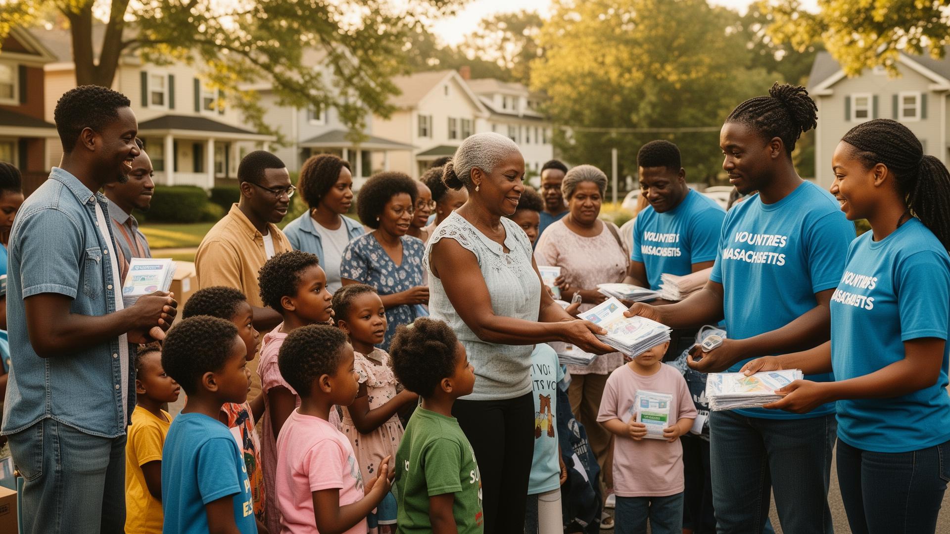 A diverse group of Black families and children gathered at a Massachusetts community outreach event
