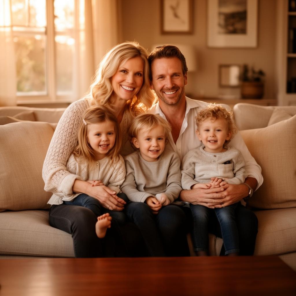 A white Massachusetts mother and father with three young children sitting together on a cozy living room couch in warm window light